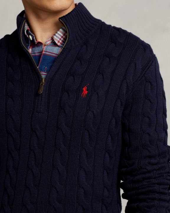 Ralph Lauren Cable-Knit Cotton Quarter-Zip Sweater – Navy Blue