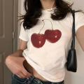 Aesthetic Summer Baby Tee Streetwear Goth Harajuku Letter Graphic Cherry Print T-shirt Vintage Crop Tops Women 2000s Y2K Clothes.