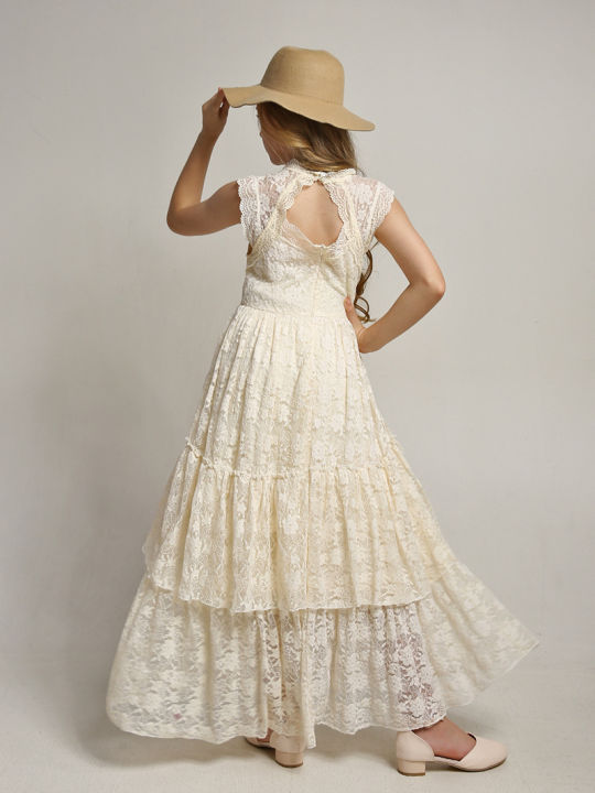GC%20Girls%20Short%20Sleeve%20Lace%20Applique%20Dresses%20Casual%20Zipper%20Solid%20Color%20Long%20Skirts%20Summer%20Maxi%20Dress%20For%20Ceremony%20-%20Image%204