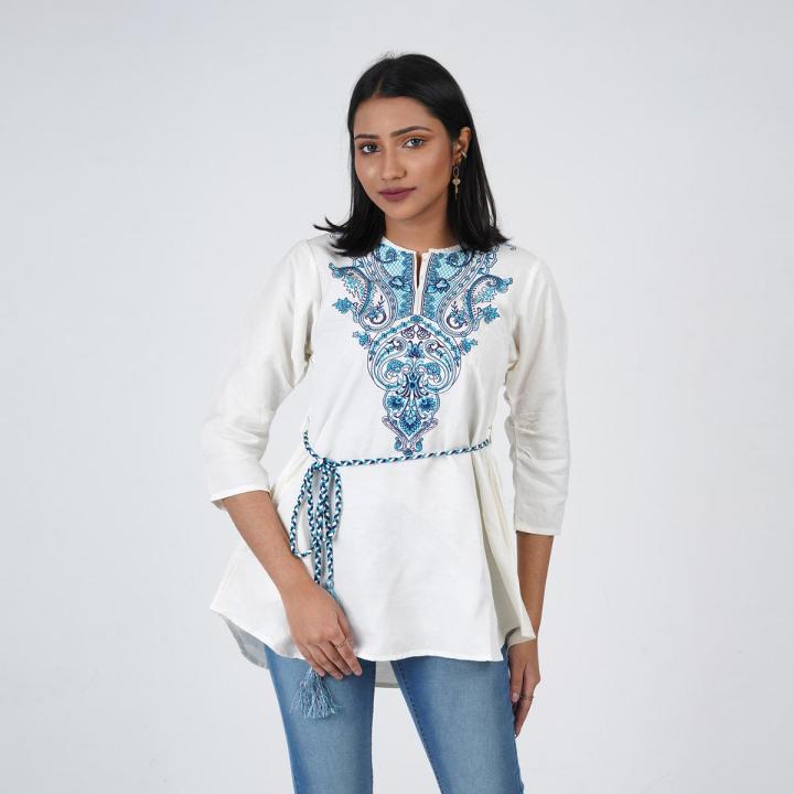 VIRGO WHITE TENCEL SHORT KURTI FOR WOMEN