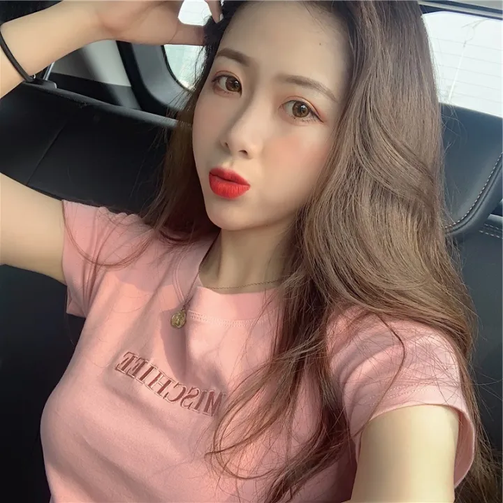Letter%20embroidered%20top%202024%20Summer%20New%20Slim%20Bottoming%20Women's%20Clothing%20Korean%20Style%20Short%20Sleeve%20Fashion%20T%20Loose%20T-shirt%20-%20Image%202