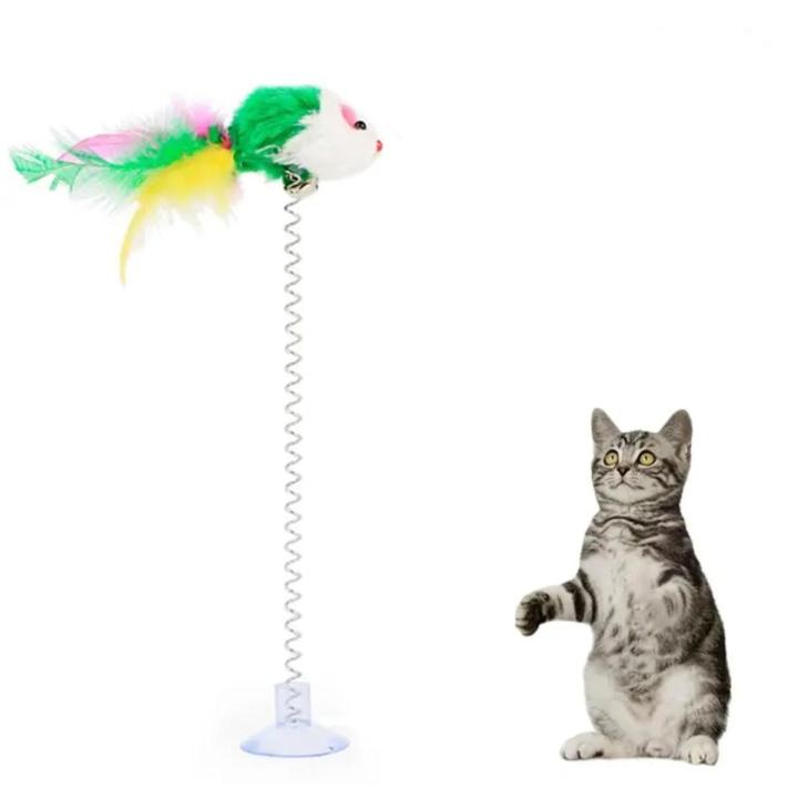 Spring Cat Toy Funny Suction Cup Spring Mouse Feather Pet Toy Multicolored Cat Feather Wand Pet Interactive Cat Toys Supplies