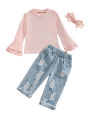 (New) 3PCs girls autumn tracksuit, flocked-sleeve pullovers beaded ripped jeans headband for kids, 1-5years. 