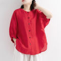 Ladies Summer Lantern Sleeve Tops For Girls Students Solid Color Cotton Linen Blouse Round Neck Pullover Shirt - T Shirt For Girls.
