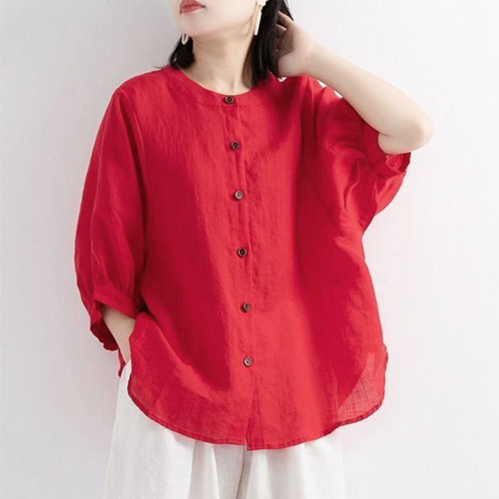 Ladies Summer Lantern Sleeve Tops For Girls Students Solid Color Cotton Linen Blouse Round Neck Pullover Shirt - T Shirt For Girls