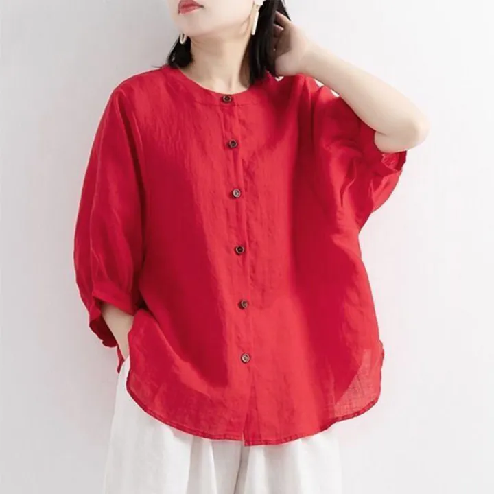 Ladies%20Summer%20Lantern%20Sleeve%20Tops%20For%20Girls%20Students%20Solid%20Color%20Cotton%20Linen%20Blouse%20Round%20Neck%20Pullover%20Shirt%20-%20T%20Shirt%20For%20Women%20-%20Image%202