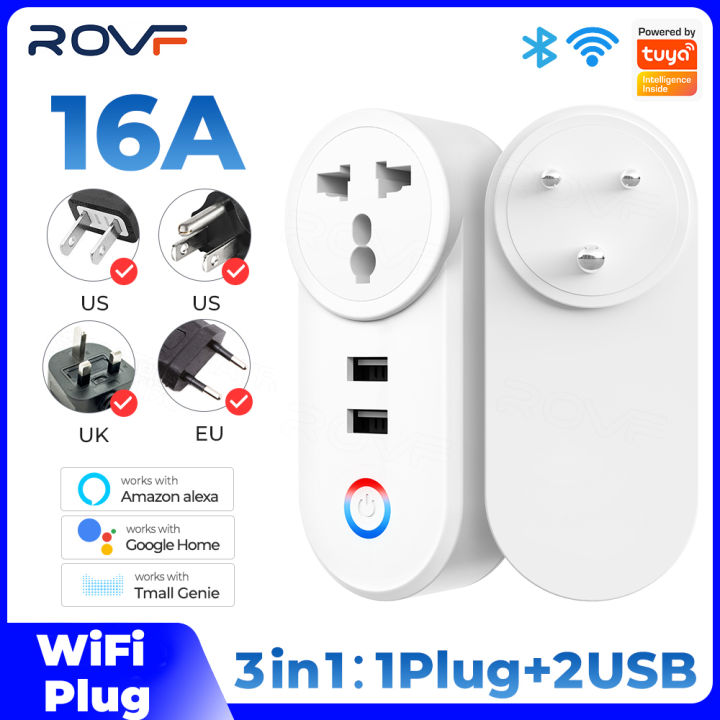 ROVF Wifi Smart Socket 3 Pin Plug with USB Eu/Us/Uk Outlet Adapter Charging Voice Timing Smart Life App Electrical for Google Home Alexa Tuya