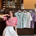 Summer New Korean Style Sense of Design Chiffon polo Collar Shirt Women's Loose Crop Top Women's Short-Sleeved Shirt. 