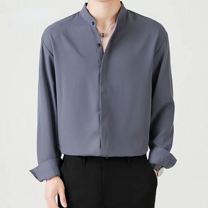 2023%20New%20High%20Quality%20Korean%20Fashion%20Stand%20Collar%20Shirt%20Men%20Long%20Sleeve%20Solid%20Color%20Business%20Casual%20Loose%20Simple%20Shirts%20for%20Men%20-%20Image%202