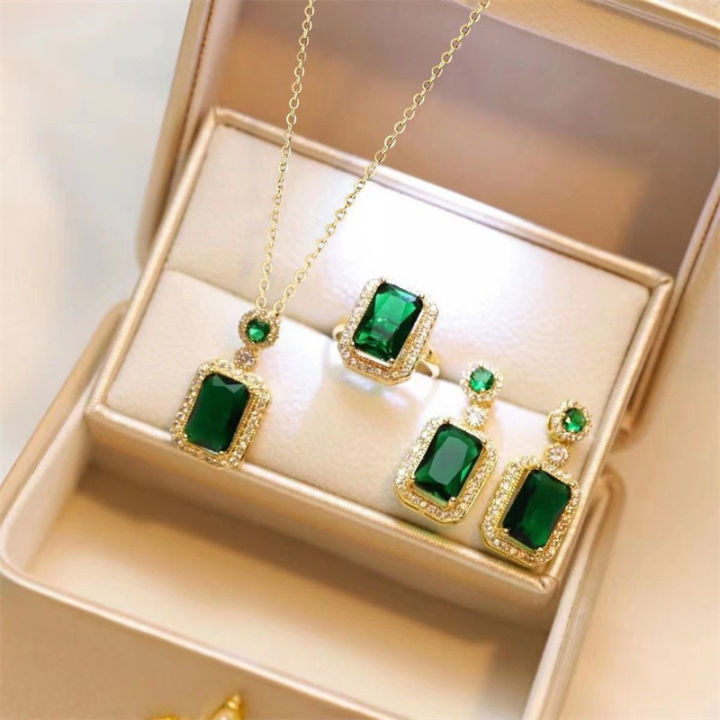 3Pcs Emerald Crystal Titanium Steel Necklace Earring High-end
