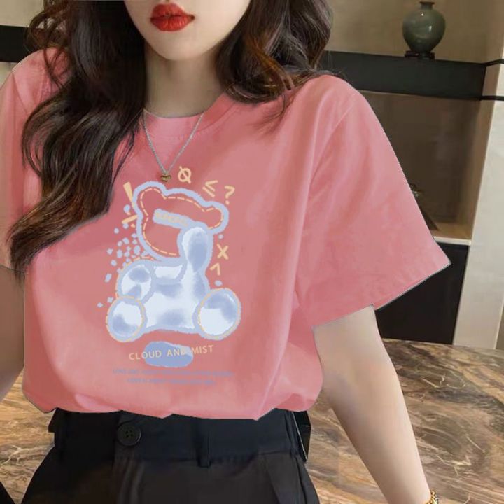 138%20Korean%20Style%20Short%20Sleeve%20T%20T-shirt%20Women's,%20Blue%20Bottoming%20Top%20round%20Neck%20Loose%20Casual%20New%20Bear%20Printed%20Summer%20T-shirt%20-%20Image%206