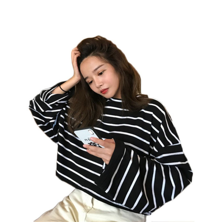 Black%20and%20White%20Striped%20Long%20Sleeve%20T%20T-shirt%20Female%20Student%20Base%20T%20T-shirt%20Women's%20Striped%20New%20Blended%20Cotton%20Korean%20Style%20Loose%20round%20Neck%20All-Matching%20-%20Image%205