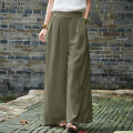ZANZEA Women Cotton Linen Wide Leg Long Pants Solid Elastic Waist Loose Casual Trousers.