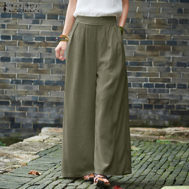 ZANZEA%20Women%20Cotton%20Linen%20Wide%20Leg%20Long%20Pants%20Solid%20Elastic%20Waist%20Loose%20Casual%20Trousers%20-%20Image%209
