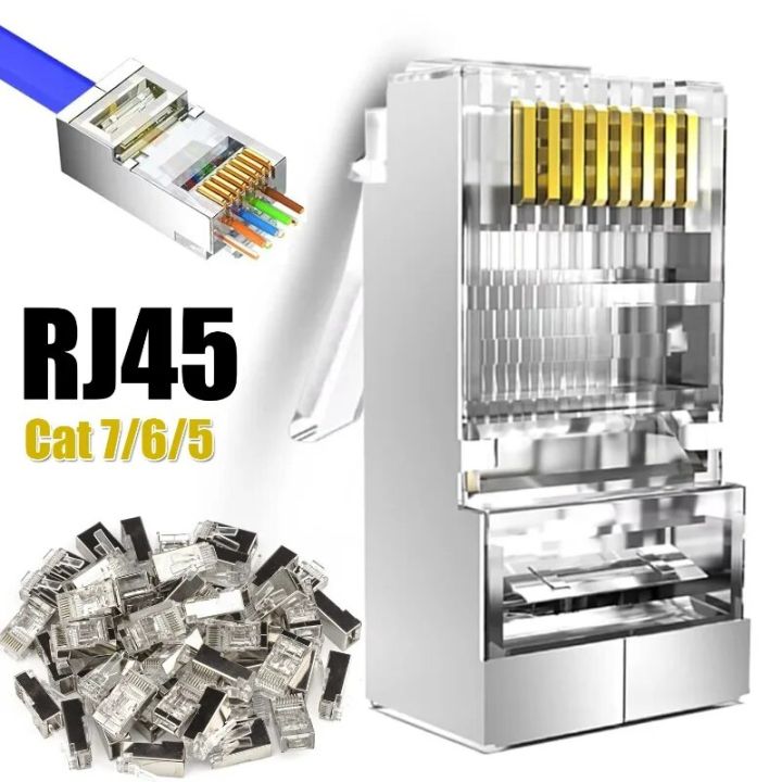 Cat7 Cat6 Shielded Pass Through RJ45 Connectors Cat 5 Gold Plated ...
