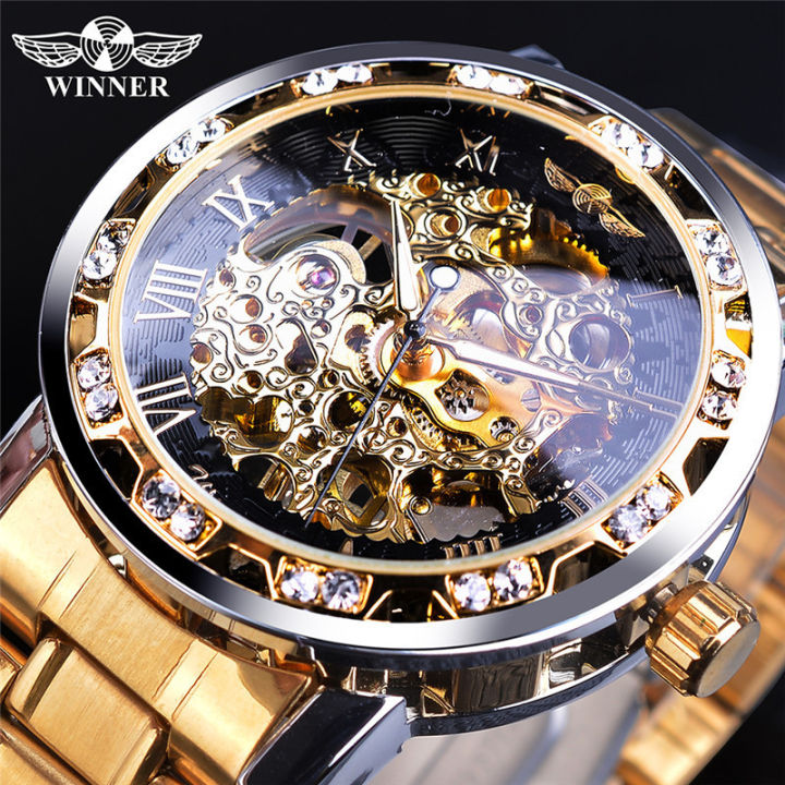 One piece dropshipping winner watch men's fashion casual classic pop openwork rhinestone manual mechanical watch