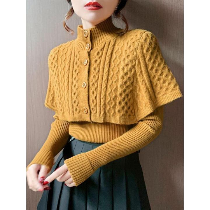 Korean Cloak Sweater 2 Piece Sets Fall Winter Retro Thick Mock Neck Knit Cape And Slim V-neck Pullover Women Warm Sweaters Tops