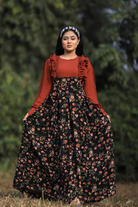 New Gorgeous Stylish and Fashionable Latest Premium Luxury Screen Printed Skirt Linen Alex Georgette Full Sleeve Work Stitched One Piece Dress For Women