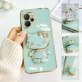 FELMYST Hello Kitty Holder Case For Realme 9i 5G Fashion Cute kitten Mirror Brand Luxury Stand Mobile Phone Casing Square Girl Boy Men Gift Shockproof Back Soft Cover.