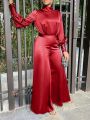 Women Satin Silk Jumpsuits Turtleneck High Waisted Playsuit Long Sleeve Long Romper Wide Leg Pant Overalls.
