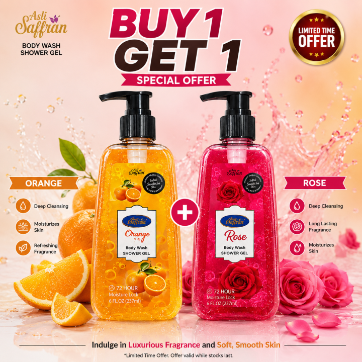 Asli Saffran Body wash ROSE & Orange Shower gel (Buy One Get One BOGO) - 237ml