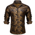 Luxury Men Dress Shirt Formal Prom Tuxedo Long Sleeve Silk Polyester Golden Color Paisley Black Shirts Blouse Men Clothing.