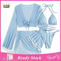 【No-profit】 Women Four-piece Swimsuit Set Lace-up Set with Skirt Cover Up 4pcs Women's Swimsuit Bra Briefs Cover-up Skirt Set. 