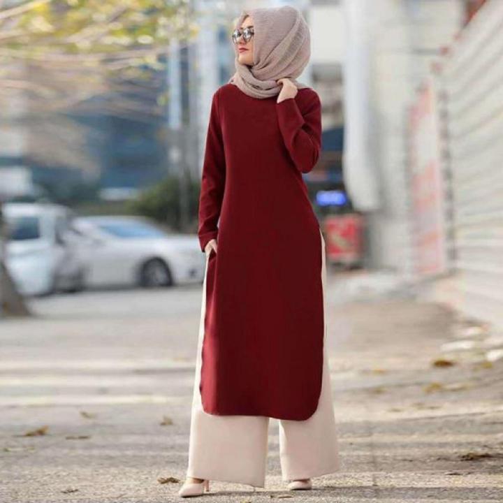 Muslim Traditional modest clothing tunic Top Trousers two-pieces Set Solid color Modest Muslim Women Suit set
