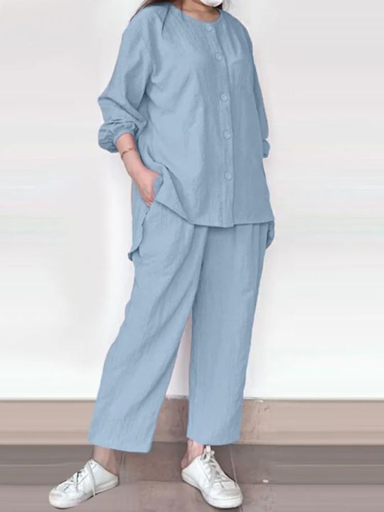 Women%20Fashion%20Pants%20Sets%20Summer%20Long%20Sleeve%20Shirt%20Casual%20Solid%20Trousers%20Suits%20Loose%20Tracksuit%20Outi%20fits%202PCS%20Matching%20Sets%20-%20Image%202
