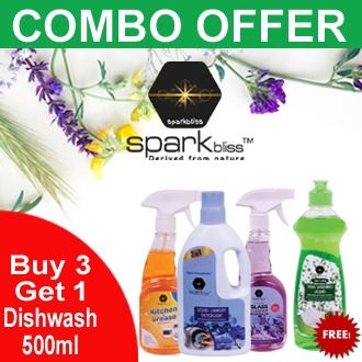 Combo Offer Buy-3 Get-1 Free Dish Wash (Liquid Laundry Detergent Orchid-500ml, Glass Cleaner Lavender-450ml, Kitchen Grease & Remover Purification-450ml) Free Dish Wash Green Lemon-500ml