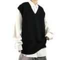 Men Sweater Vest V Neck Knitted Sweater Sleeveless All Match Spring Sweater for School Male Loose Korean Preppy Style Streetwear. 