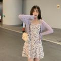First love style floral slip dress set women's autumn new versatile thin sunscreen shawl cardigan two-piece set. 