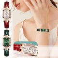 Womens Watches Fashion Square Ladies Quartz Watch Bracelet Set Green Dial Simple Leather Women Watches.