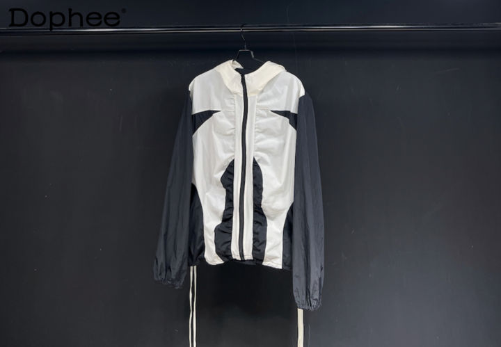 2024 Summer Black White Contrast Color Hooded Zipper Chic Coats Sun Protection Casual Long Sleeve Jacket Thin Design Hoodies Top