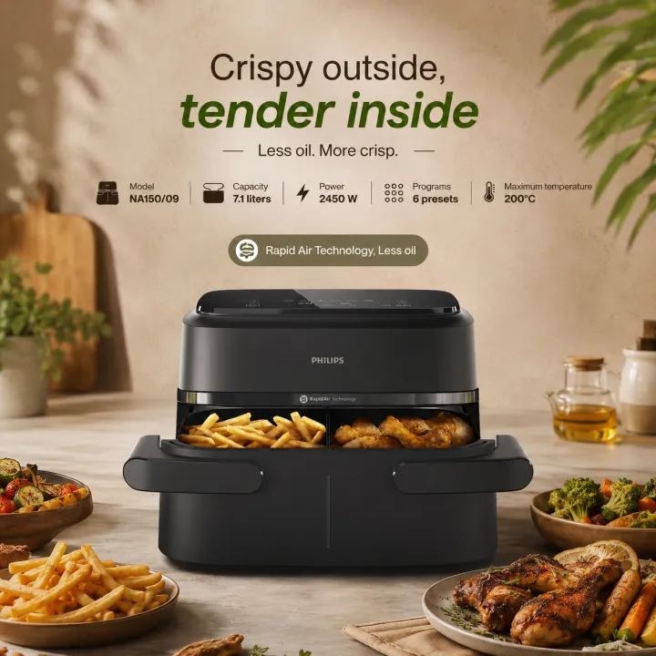 Philips%20NA150/09%207.1L%20Dual%20Basket%20Air%20Fryer%20%E2%80%93%202450W%20Rapid%20Air%20Technology%20-%20Image%202