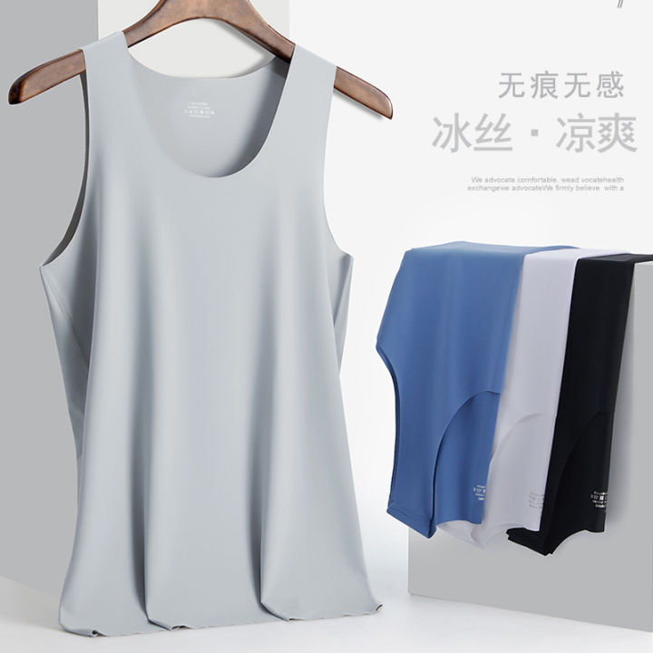 3 Seamless Ice Silk Men's Vest Summer round Neck Exercise Sleeveless White Undershirt Men's Thin Large Size