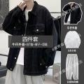 Four Piece Set】insFall Denim Jacket Men's Fashion Hong Kong Style Retro Loose High-Grade Jacket Korean Fashion. 