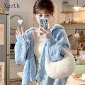 Spring and Autumn Horn-button Hooded Knit Sweater Coat Women Loose Outside Crop Top Gentle Soft Preppy Style White Cardigan. 