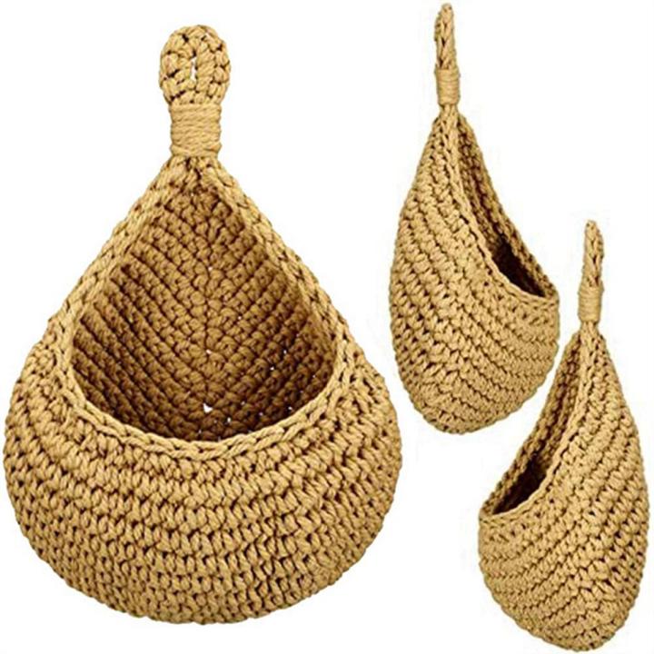 Storage Basket Teardrop Shape Woven Boho Wall Fruit Basket Wall Planters for Kitchen Decor Small 3Pcs