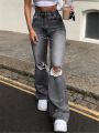 High Waist Blue Ripped Boot Cut Jeans For Women Fashion Stretch Knee Ripped Denim Flared Pants Casual Female Trousers Black 2023.