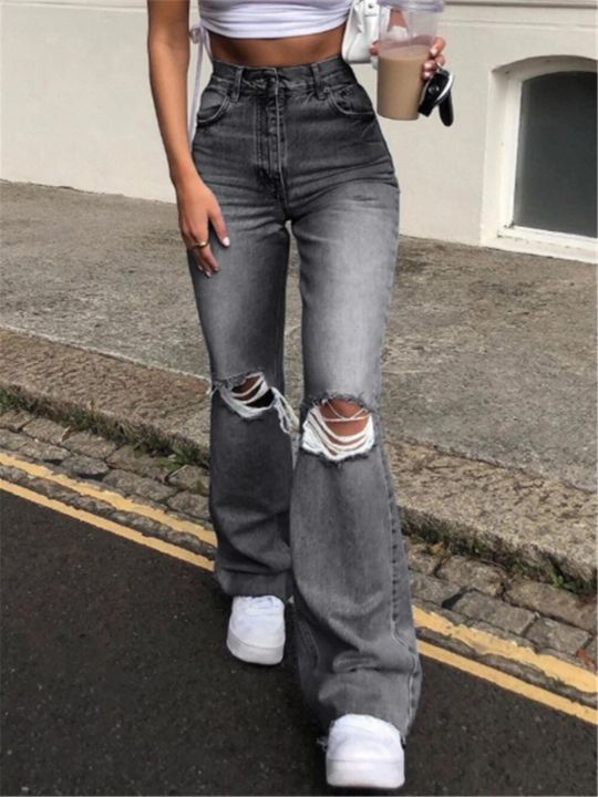 High Waist Blue Ripped Boot Cut Jeans For Women Fashion Stretch Knee Ripped Denim Flared Pants Casual Female Trousers Black 2023