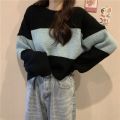 2021 Short Autumn and Winter Color-Block Crew Neck Sweater Women's Loose and Lazy Style All-Matching Striped Long Sleeve Pullover Sweater Fashion. 