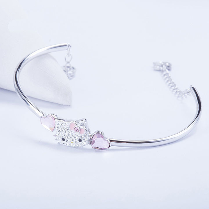 Sanrio Hello Kitty Bracelet Cute Cartoon Cat Rhinestone Heart Zircon Metal Brace WANNA