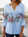 V-neck Printed Button Waist Cropped Top T-shirt Women Shirt Casual Loose Long-sleeved Shirt Elegant Printed Temperament Tops. 