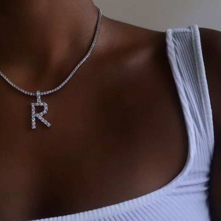 【The road to happiness Store】Crystal Alphabet Initial Pendant Necklace Women Cubic Zirconia Iced Out CZ Tennis Chain Name Letter Necklace Hip Hop Jewelry