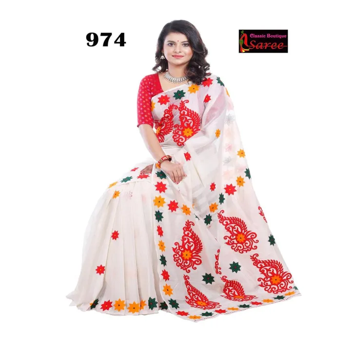 Mixed color Pure Andy Silk with Hand Block Embroidery Saree for Festival (Blouse Piece : included)