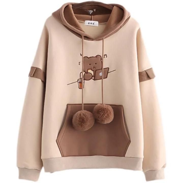 Harajuku Bear Anime Hoodies Women Korean Kawaii Cotton Fleece Hoodie Coat Long Sleeve Oversized Kpop Y2K Girls Winter Clothes