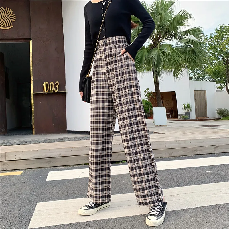 Zoki Plaid Women Pants Elastic High Waist Korean Fashion Plus Size