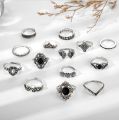 15 Pcs/sets Lotus Flower Black Rhinestone Vintage Antique Rings Sets for Women.
