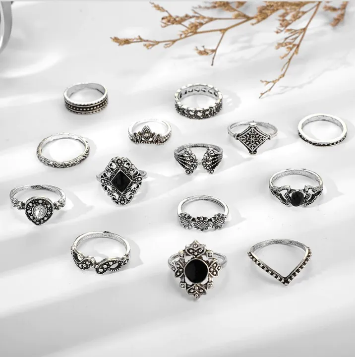 15%20Pcs/sets%20Lotus%20Flower%20Black%20Rhinestone%20Vintage%20Antique%20%20Rings%20Sets%20for%20Women%20-%20Image%206